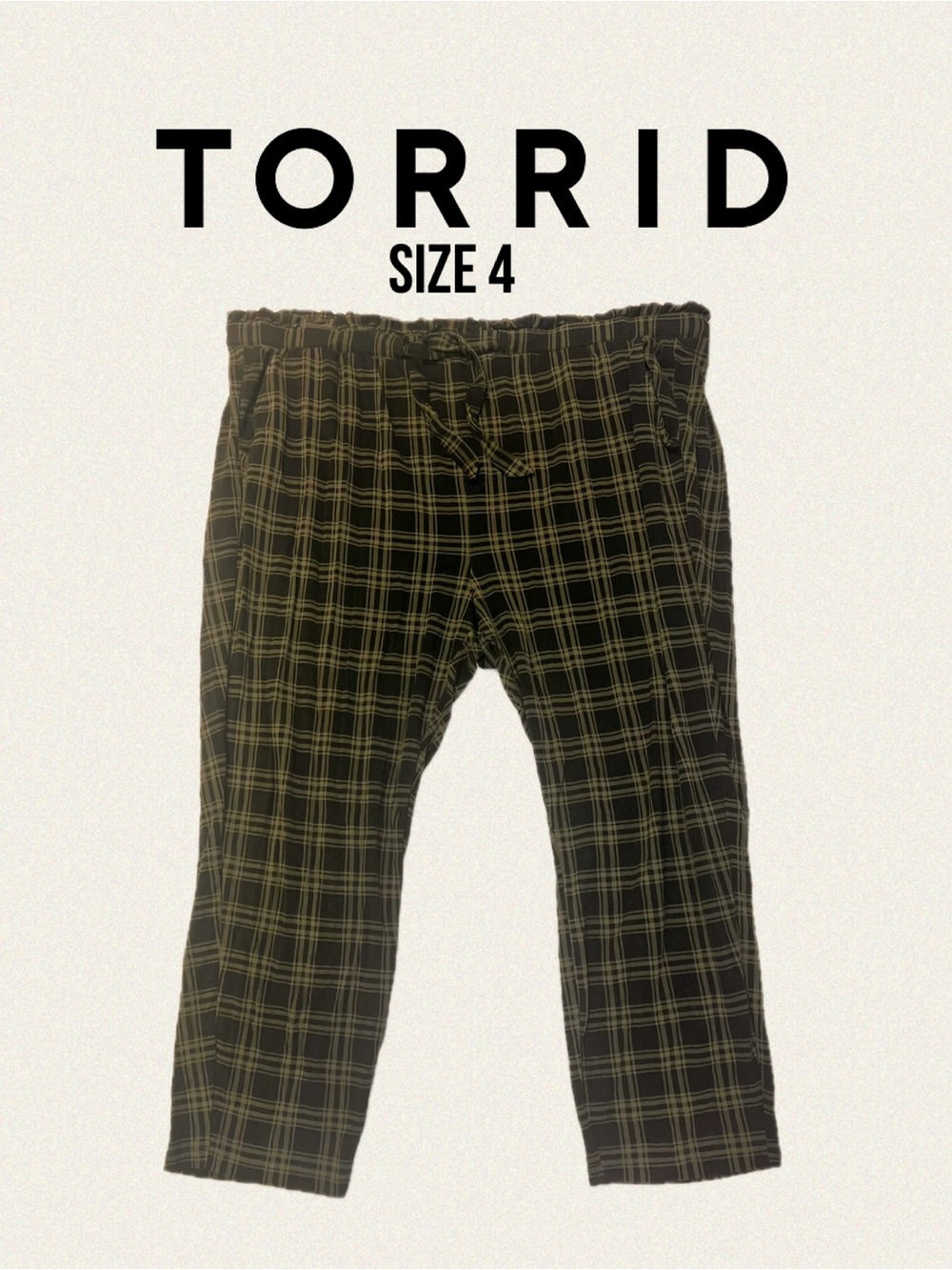 Torrid Olive Green Black Plaid Paperbag Elastic Waist Drawstring Pants Size 4